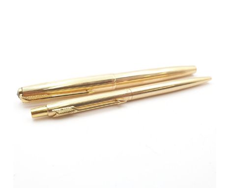 A Parker 61 Fountain Pen in gold-tone case and a Parker Ballpoint Pen in rolled gold case