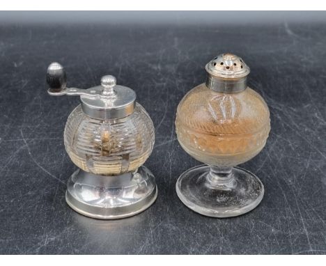 A Victorian silver mounted cut glass Pepper Mill, London 1897, and a Sheffield plated lidded cut glass Pepperette Peppermill 
