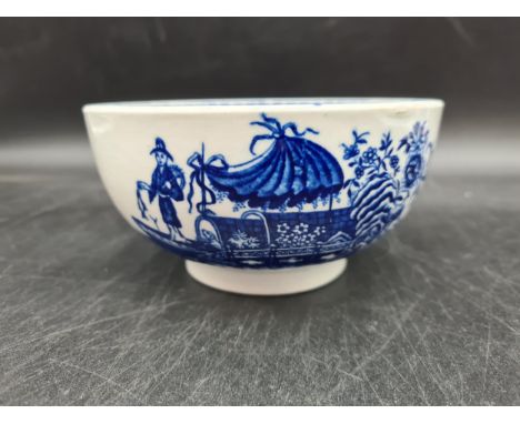 A Caughley blue and white Bowl printed fisherman and cormorant pattern, 5 3/4in, crescent mark, and three pottery Pickle Leaf