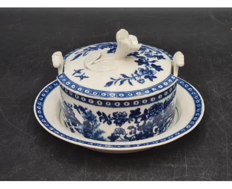 An early Worcester blue and white Butter Dish, Cover and Stand printed fence pattern, stand 6in diam, crescent marks Both the