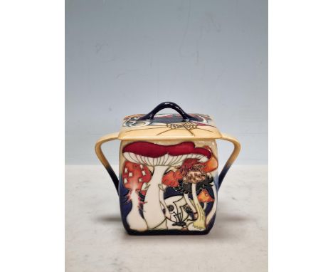 A Moorcroft Toadstool Carnival pattern twin-handled square form lidded Box, design by Emma Bossons, 4 3/4in H Appears to be i