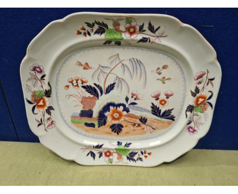 A 19th century John Ridgway large Meat Plate with floral decoration in iron red, blue, green, gilt, etc, 19 x 16in. marked on