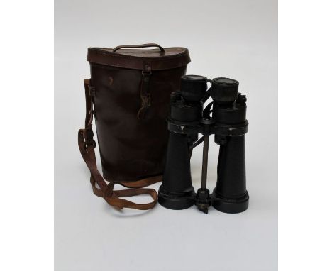 A pair of mid 20th century Bar and E Stroud naval binoculars of large size, inscribed with an ordinance arrow, having a leath