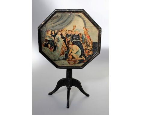 A 19th century ebonised tripod table, the octagonal snap top decorated with Salome and the Head of John the Baptist, after Ca