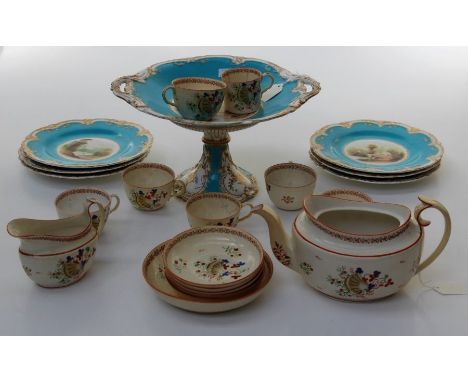 A mid Victorian part dessert service, comprising tazza and six 24cm diameter plates, each decorated with a rural landscape wi