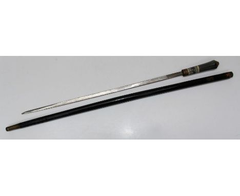 An early 20th century Indian sword stick with horn and bone grip and 57cm steel blade, in a chip carved ebonized scabbard