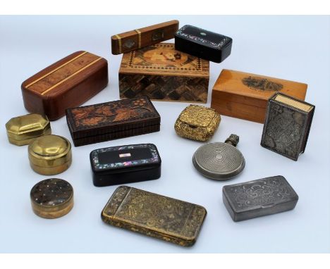 Two Victorian papier-mâché snuff boxes with mother of pearl decoration, a Mauchline needle box, white metal King of Clubs ves
