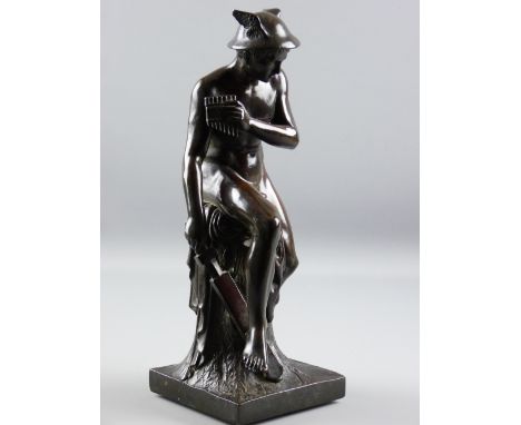A BRONZED STATUETTE, a composition model possibly Neapolitan School, after Bertel Thorvaldsen, a seated figure of Mercury wit