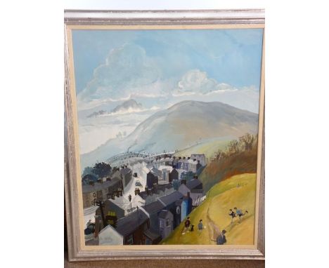 NICK HOLLY acrylic on canvas - South Wales townscape with children playing on a back hillside, signed, 100 x 81 cms