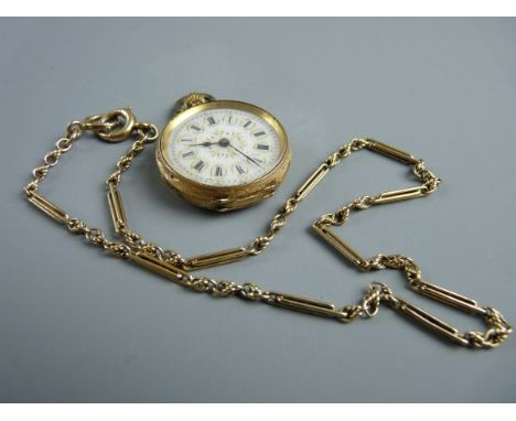 A NINE CARAT GOLD DOUBLE LINK CHAIN, 36 cms long, marked 9375, 8.5 grms total and a gilt decorated enamel faced, gold cased l
