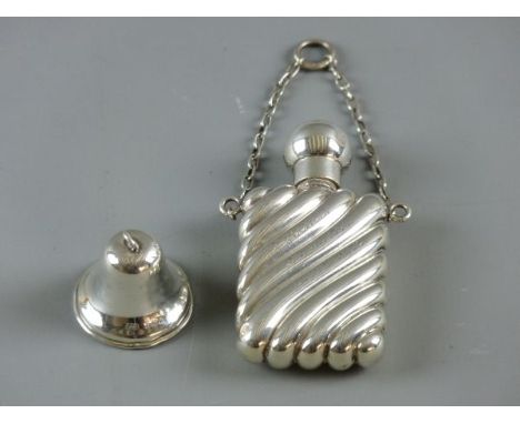 A SMALL HALLMARKED SILVER FLASK & BELL ORNAMENT, Birmingham 1890 and 1921 respectively, the flask with inscription 'Pwllheli 