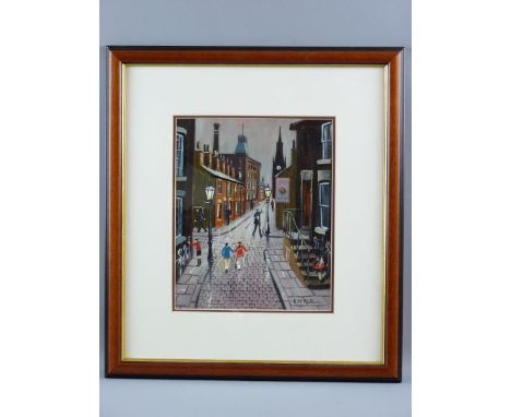 BERNARD McMULLEN original acrylic - a Northern street scene depicting a gas lamp lighter with children to the foreground, sig