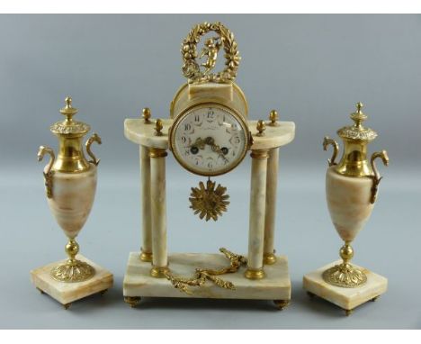 A 19th CENTURY FRENCH CLOCK GARNITURE, gilt brass barrel housing with floral decorated enamel dial marked 'Paris' before a br