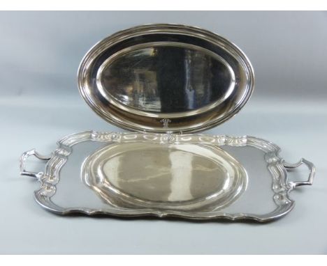 A LARGE TWO HANDLED ELECTROPLATE SERVING TRAY by R N H & Co, rectangular shaped with raised border, marked 'EPNS A1', 68.5 cm