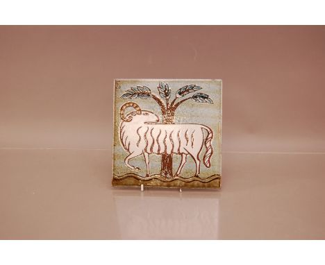 A ceramic tile by Christina Sheppard, depicting a ram, monogrammed to the top left, 19.5cm x 19.5cm 