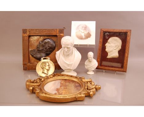 Five Victorian and later commemorative items, including a Parian pottery bust of Wellington by Joshua Pitts, an Arts &amp; Cr