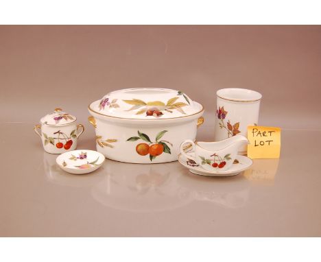 A group of Royal Worcester porcelain Evesham pattern items, including two tureens, sauceboat and stand, two flan dishes, jam 