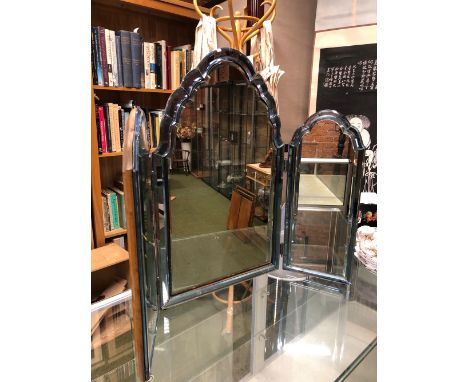 AN ART DECO&nbsp; TRIP-TYCH MIRROR WITH BLUE GLASS BORDER. MOUNTED ON SATINWOOD PANEL BACK