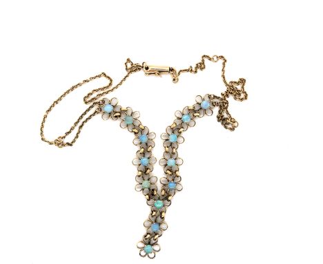 A 9ct HALLMARKED GOLD AND OPAL LAVALIERE STYLE NECKLACE. THE NECKLACE CONSISTING OF THIRTEEN FLORAL FORM LINKS EACH WITH A CL