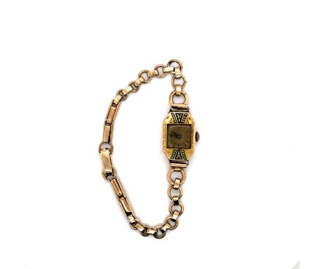 AN 18ct CASED LADIES MANUAL WOUND WATCH WITH ENAMEL FRONT ACCENTS ON A 9ct GOLD LINK BRACELET. LENGTH 18cms. WEIGHT 13.1grms.