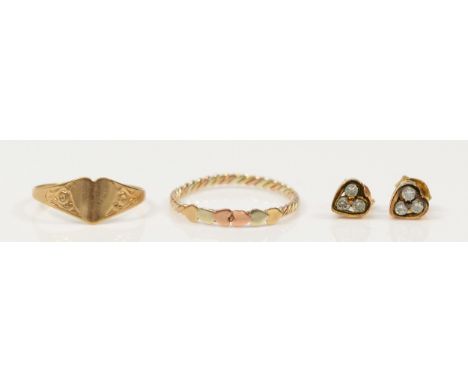A pair of 9ct gold diamond heart shaped earrings, with a 9ct gold heart ring, I, and a 9ct gold twisted band ring, M, 2.2g