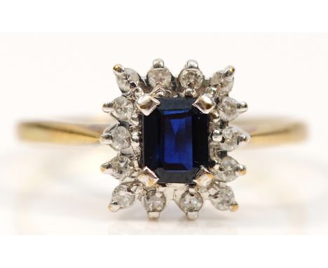 A 9ct gold sapphire and moissanite square cluster ring, J 1/2, 1.8g