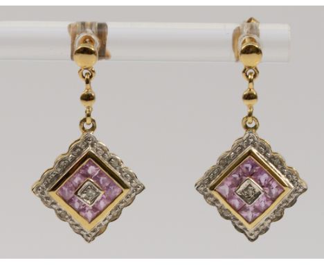 A pair of 9ct gold pink sapphire and diamond square cluster earrings with scroll backs, 30mm drop, 2.1g