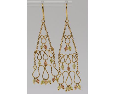 A pair of 14K gold gemstone drop hook earrings, 60mm, 5.4g