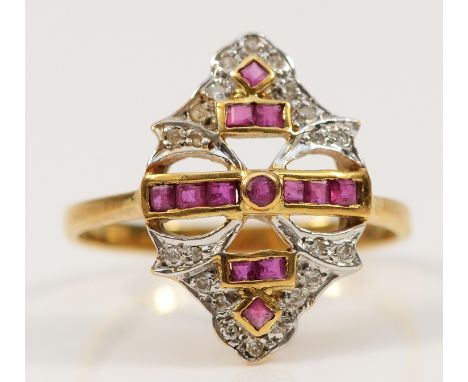 An 18ct gold ruby and diamond Art Deco style dress ring, M, 3.1g