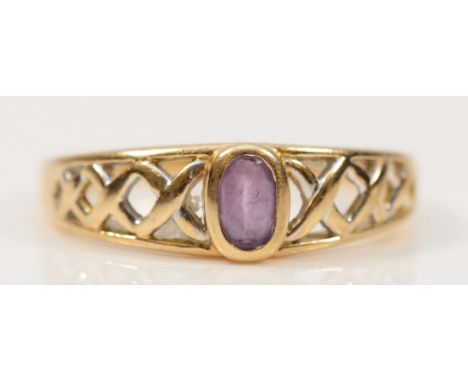 A 9ct gold amethyst dress ring, open work to the shoulders, M 1/2, 1.6g