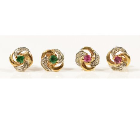 A pair of 9ct gold emerald and diamond earrings with scroll backs, together with a pair of 9ct gold ruby and diamond earrings