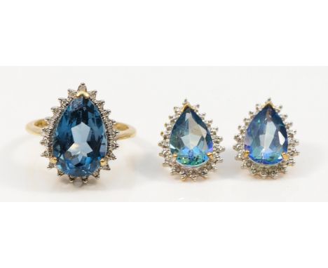 A pair of 9ct gold blue and white gemstone earrings with scroll backs, with the matching QVC ring, O, 8g