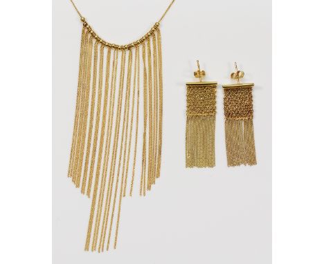 A pair of 9ct gold chain drop earrings with the matching necklace, 12.5g
