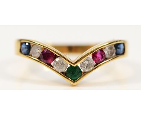 An 18ct gold wishbone shaped ring with diamonds, sapphires, rubies and an emerald, M 1/2, 2.4g