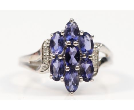A 9ct white gold tanzanite and diamond dress ring, N, 3.3g