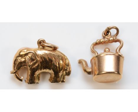 Two 9ct gold charms in the form of an elephant and a kettle, 1.6g