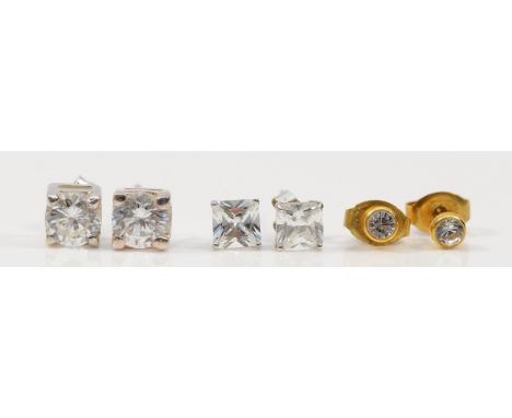 Three pairs of 9ct gold white gemstone earrings with scroll backs, 3.5g