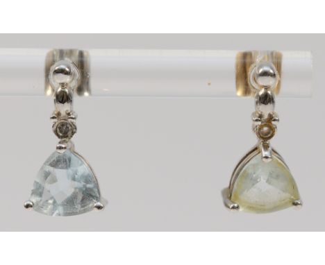 A pair of 9ct white gold diamond and aquamarine drop earrings with scroll backs, 15mm, 1.4g