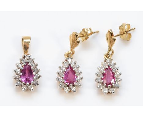 A pair of 9ct gold pink sapphire and diamond earring with scroll backs, together with the matching pendant, 3g