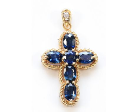 A 14K gold sapphire cross pendant, 25mm, 5.9g