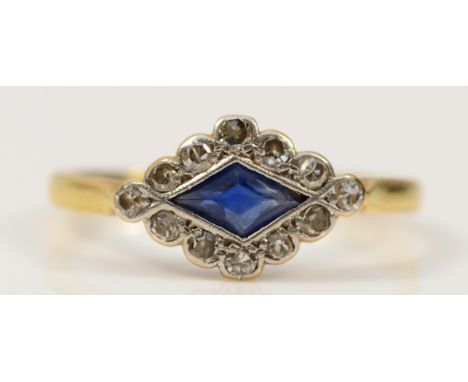 An 18ct gold and platinum Art Deco sapphire and single cut diamond dress ring, L, 2.2g