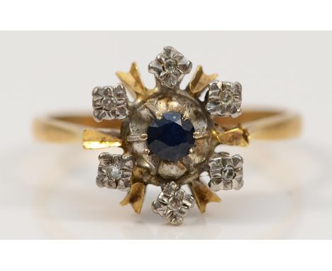 An 18ct gold sapphire and diamond cluster ring, O, 3.2g