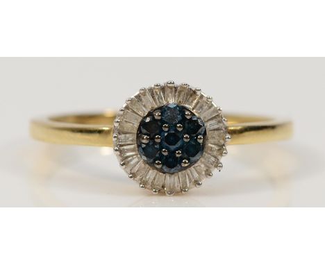 A TGGC 9ct gold white and blue diamond cluster ring, N, 1.6g