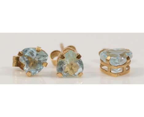 A pair of 9ct gold heart shaped topaz earrings with scroll backs, together with the matching pendant, 0.9g