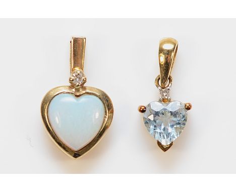 A 9ct gold blue topaz and diamond pendant, with a 9ct gold diamond and opal pendant, 1.1g