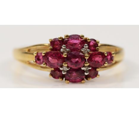 A QVC 9ct gold red and white gemstone cluster ring, S, 2.8g