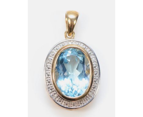 A 9ct gold blue topaz and diamond pendant, 15mm x 10mm topaz, 4.2g