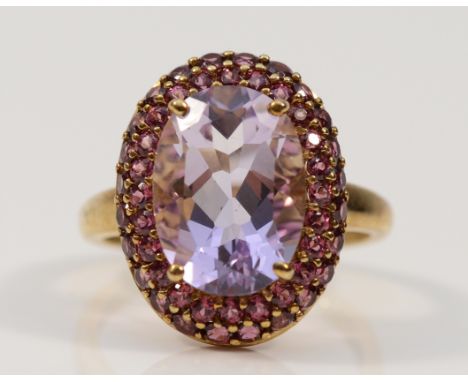 A QVC 9ct gold amethyst and pink gemstone cluster ring, 15mm x 10mm amethyst, Q, 4.6g