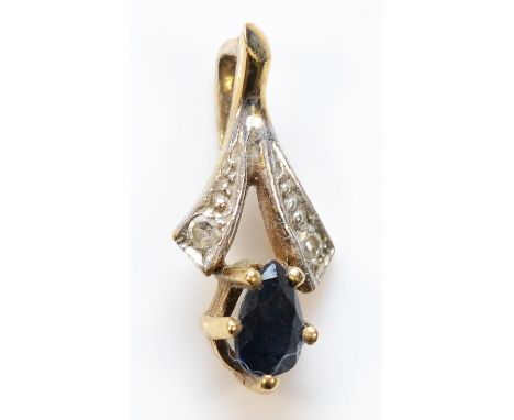 A 9ct gold sapphire pendant with a 9ct gold chain, chain is broken, 1.7g