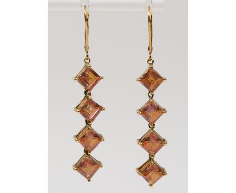 A pair of 9ct gold mystic topaz drop lever back earrings, 40mm drop, 7.1g